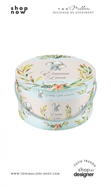 Cutie de trusou rotunda cu elefant personalizata pentru baieti Boho Baby Elephant 2